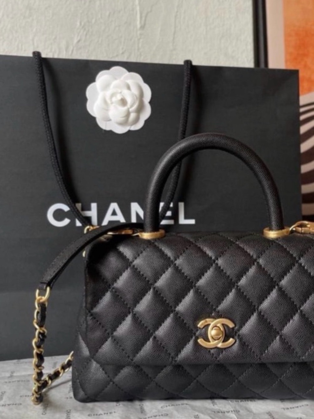 Black Quilted Leather Top-Handle Satchel with Gold Hardware
